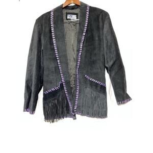 Vanna White Women’s Black/Purple Suede Leather Fringe Blazer‎ Jacket - Size 14